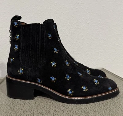 蔻驰 Bowery 黑色麂皮绒花卉刺绣切尔西踝靴 8.5 码 — 第 1/4 张图片