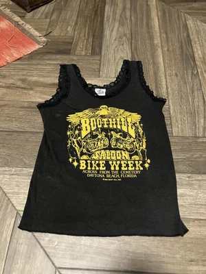 Vintage 80s Motorcycle Baby Doll Tank Top Boothill Salon Black Lace Stretch USA - Image 1 of 4