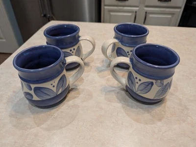 Juego de 4 tazas de café de gres Pfaltzgraff cerámica Villa Flora hojas azules Foto 1 de 3