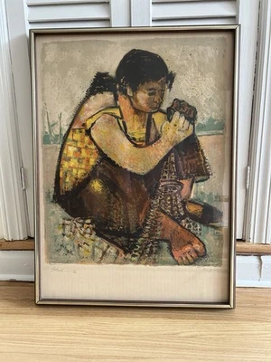 原版带框签名平版画 #48/80 坐着的女孩艺术家 Serge Shart 著 — 第 1/4 张图片