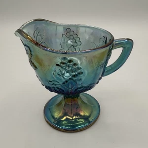 Brocca retrò vintage blu iridescente Indiana carnevale vetro cremoso foglia d'uva - Foto 1 di 17