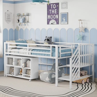 Twin Metal Loft Bed with Rolling Storage Cubby,Low Loft Bed w/Stairs for Kids - Image 1 of 4