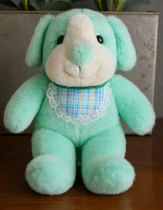 Vintage Hugfun mintgrün Welpe Hund Plüsch 1990er Spitze Lätzchen Stofftier aquablau Baby  - Bild 1 von 10