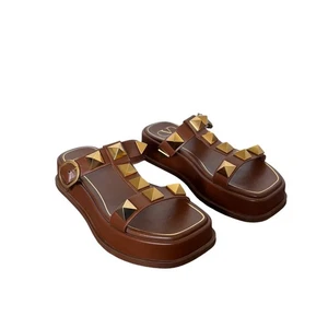 Valentino Garavani Roman Stud Leather Slide Sandals Tan Brown Flat Mule Size 36 - Picture 1 of 14