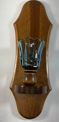 Vintage Wooden Wall Sconce Candleholder with Blue Glass Votive Country MCM - Image 1 of 4