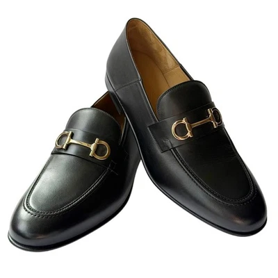 Ferragamo GIN 13 EE Gancini Buckle Loafers BLACK Leather Men's Slip-on Shoes - Image 1 of 4