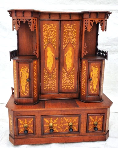 Victorian American Folk Art Inlaid Entryway Etagere Cabinet 1880s Roman Musician Cover