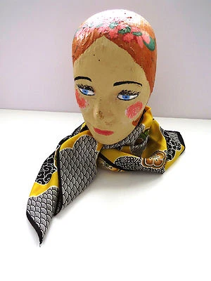 Bufanda GLENTEX Vintage - Amarillo Gris Verde Negro Estampado Asiático - Usada en Excelente Condición Foto 1 de 4