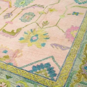 Handgeknüpfter Oushak Teppich 10x14 Rosa Grün 100% Wolle Blumenteppich für Wohnzimmer - Bild 1 von 6