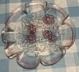 VTG MIKASA Serving Platter Pink Glass ROSELLA PATTERN CHERRY BLOSSOMS 12.5" - Picture 1 of 2