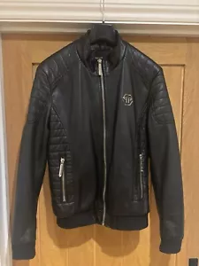 Phillipp Plein - Chaqueta Bomber de Cuero Negra con Logo con Cremallera - Talla L - Forrada con Calavera - Imagen 1 de 20