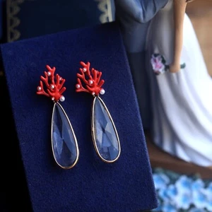 Gold Coral Red Enamel Drop Long Faceted Glass Stud Earrings DZ1 - Picture 1 of 8