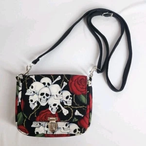 Skull And Red Roses Small Crossbody Shoulder Purse Bag Black Red White - Picture 1 of 10