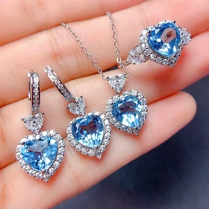 Hochzeit Schmuck Set 3-teilig himmelblau Feuer Topas Silber Herz Anhänger Ohrringe Ringe - Bild 1 von 6