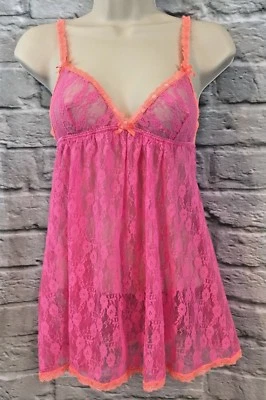 Nuevo con etiquetas In Bloom By Jonquil Rosa Caliente Naranja Borde Encaje Transparente Chemise Talla Pequeña Foto 1 de 4