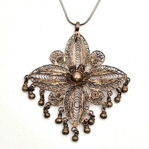 Vintage Pewter Filigree Pendant – Ornate Floral Design – Dangling Bells - Picture 1 of 9