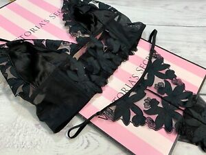 Victoria’s Secret Luxe Lingerie Long Line Floral Embroidered Bralette Set Black