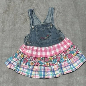 VTG OshKosh B'gosh Girls Dress 24 Pink Tiered Skirt Jean Jumper Vestbak Overalls - Picture 1 of 6