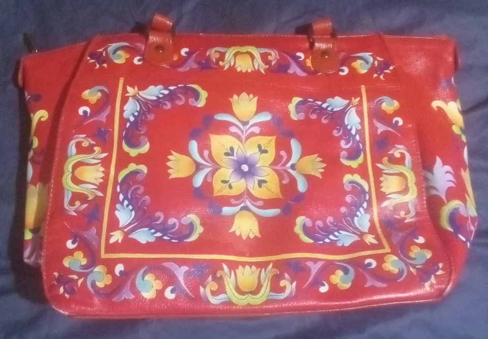 Bolso Cartera Anuschka Pintado a Mano Rojo Floral Cuero con Bolsa para el Polvo Foto 1 de 4