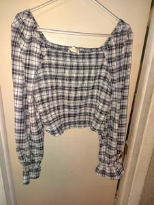 Blusa a Cuadros Calada Para Mujer Mediana Negra Blanca Manga Larga Volantes Puño Recortado - Imagen 1 de 3