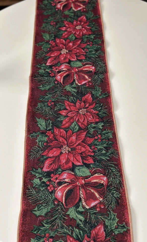 Christmas Table Runner Tapestry Tassels Poinsettias Burgandy/ Green 70" x 13" - Image 1 of 4