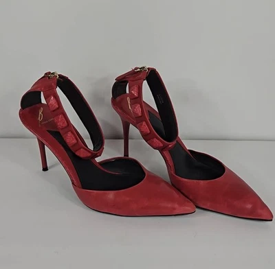 Brian Atwood Red BF Mercada Studded Back Zip Pump 8.5 Ankle Band Heel Pumps - Imagem 1 de 4