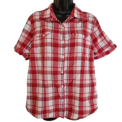 Camisa xadrez Faded Glory algodão orgânico manga curta botão para cima G - Imagem 1 de 4