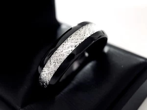 Black Meteorite Inlay Tungsten Carbide Ring, Black Wedding Bands, Meteorite Ring - Picture 1 of 7