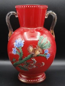 Harrach Victorian RED Hand Painted Enamel Thistle & Finch Bird Art Glass Vase - Picture 1 of 16