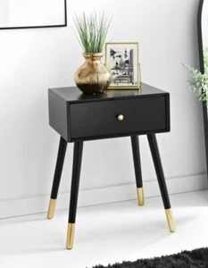One-Drawer Room Bedside Table Home Cabinet Bedroom Storage Black With GOLD UNIT - Picture 1 of 5