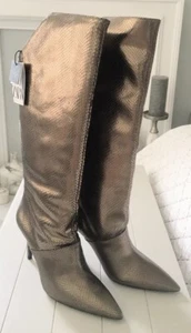 Scarpe stivali con tacco ZARA blu collezione oro bronzo pelle $249 nuovi con scatola 38 7,5 US - Foto 1 di 5