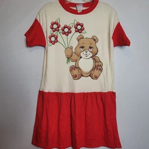 Vintage Girls Dress KLL Teddy Bear Poly Cotton Blend Size 14.5 Red - Picture 1 of 8