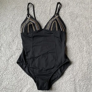 Seafolly Bathing Suit Women's 10 14 One Piece Black Metallic Embroidered Resort - Picture 1 of 11