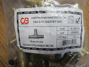 Bag of 25 CB Supplies NL-CBXT443 78-40-01-443 3/4X3/4X1/2 Pex Insert BR Tee - Picture 1 of 4