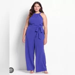 Lane Bryant Size 26 Blue Belted Twist Halter Jumpsuit NEW! - Picture 1 of 5