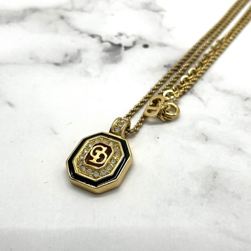 Autentica collana Christian Dior CD logo placca strass catena oro vintage...