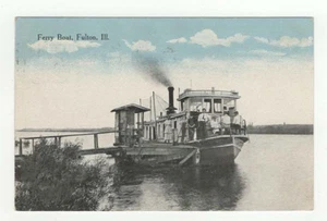 Tarjeta postal vintage ferry barco y pasajeros Fulton IL Illinois - Imagen 1 de 2