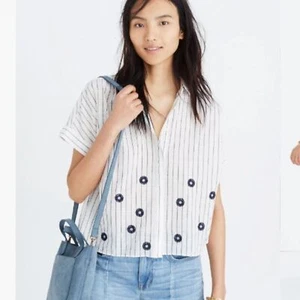 Madewell | White Pinstripe Floral Button Down Embroidered Hilltop Shirt Large - Picture 1 of 8