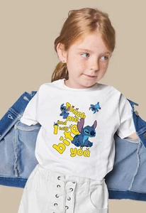 Touch Me And I will Bite You Stitch Graphic Tshirt Cartoon Graphic Tee - Picture 1 of 7