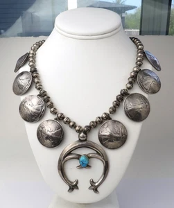 Vintage 1970er Ära Indianer Sterlingsilber Türkis Lauflerner Kürbisblüte - Bild 1 von 12