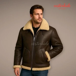 Men’s Dark Brown Shearling B3 Bomber Jacket Genuine Leather Aviator Coat Biker's - Picture 1 of 5