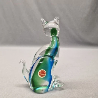 Vintage Murano Italy Blue & Green Sommerso Art Glass Cat - Image 1 of 4