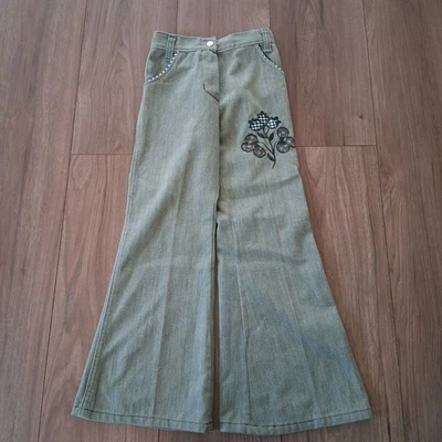 Pantalones acampanados vintage años 70 Rosebud Duds niñas garra verde cremallera bordada floral Foto 1 de 4