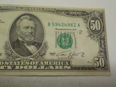 RARE 1974 $50 DOLLAR BILL ERROR OBVERSE OFFSET PRINT B59424961A NEW YORK - Image 1 of 4