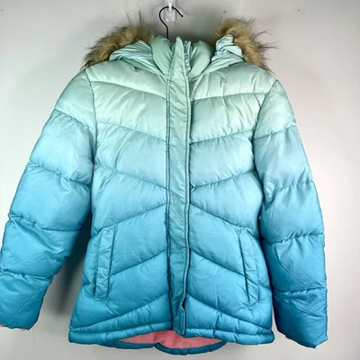 Girls Arizona Blue Ombre Puffer Jacket Size  L(14) With Faux Fur Hood Trim - Image 1 of 4