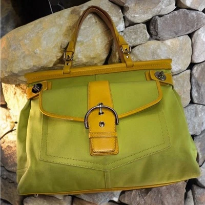 Coach Green Canvas & Yellow Leather Trim Carryall Hampton Tote - Image 1 of 4