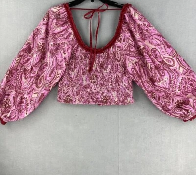 Free People Top Womens Medium Cropped Paisley Pink Red Button Ruched Ladies - Imagem 1 de 4