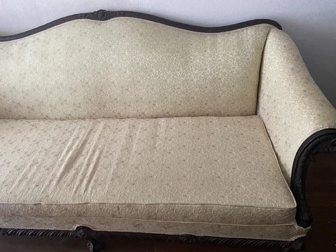 19TH C Victorian Antique Couch Sofa Ivory Upholstery Beautiful Hand Carved Wood Cover