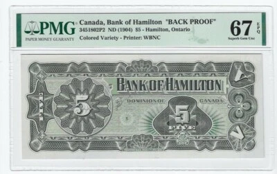 1904 Bank of Hamilton, Back Proof $5 Note Cat#3451802P2 PMG SUP GEM UNC 67 EPQ   - Image 1 of 2