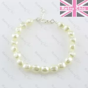 PULSERA RETRO 9mm PERLA BARROCA ajustable 7-8" PLATEADA 925 crema nupcial - Imagen 1 de 4